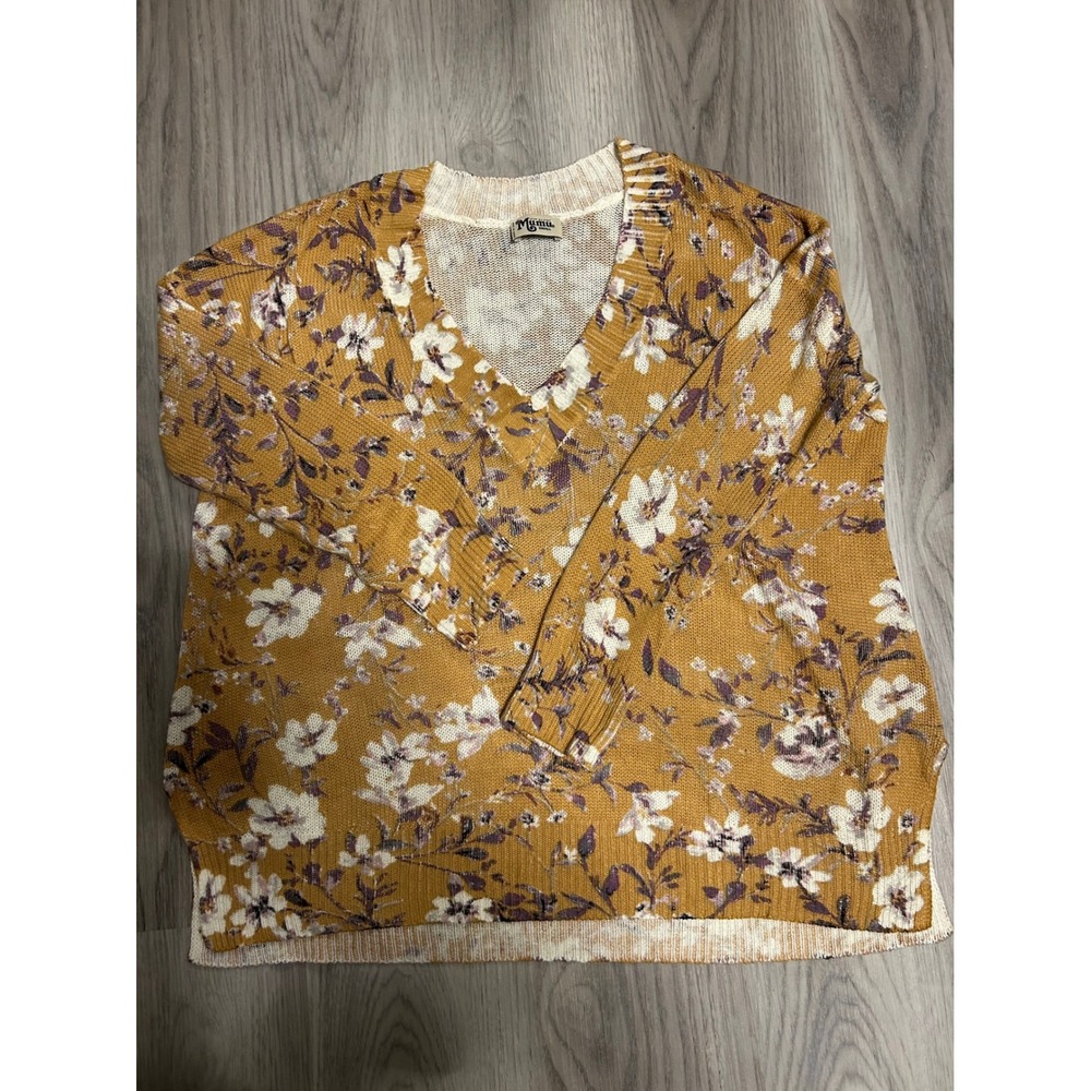 MUMU Floral Knit Sweater Mustard Yellow Long Sleeve‎ V Neck Women's Small - Picture 5 of 5